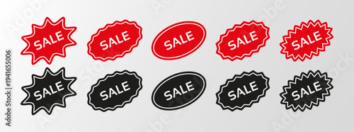 Discount promo tags. Set of red and black circle product labels. Price drop star burst stickers, splash badges. Starburst stamps shapes isolated on white background. Vector illustration.