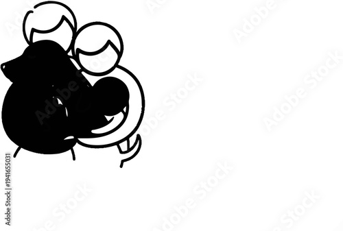 Cartoon people and a black animal embracing