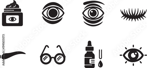 Set of 8 black and white vector icons for eye care, vision, and ophthalmology, including cream, drops, glasses, and eyelashes, ideal for medical websites and health apps.