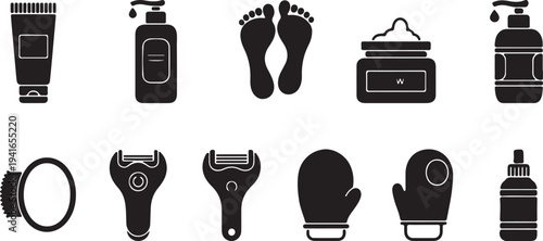 black silhouette foot care and pedicure icons vector for beauty, spa, and hygiene products, including creams, lotions, and tools isolated PNG with Transparent Background