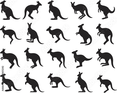 Kangaroo silhouette set vector collection showing different jumping poses, Australian wildlife animal icons isolated on white background design