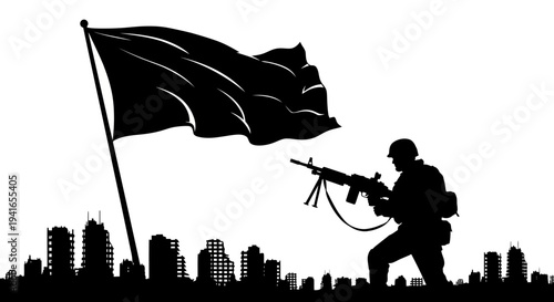 Silhouette Soldier Raising Flag Over Ruined Cityscape