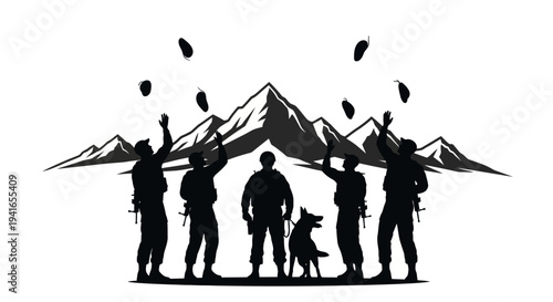 Silhouette Soldiers and Dog Celebrate with Falling Confetti Against Mountain Backdrop