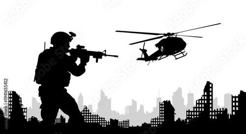 Silhouette Soldier with Rifle and Helicopter Over Ruined Cityscape