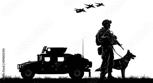 Silhouette Soldier, Military Dog, Humvee, and Jets in Flight
