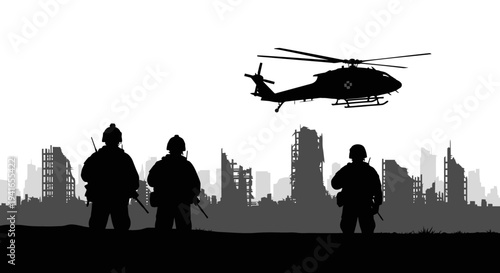 Silhouette Soldiers and Helicopter Over Destroyed Cityscape, War Aftermath