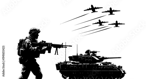 Silhouette Soldier, Tank, and Fighter Jets in Combat Formation