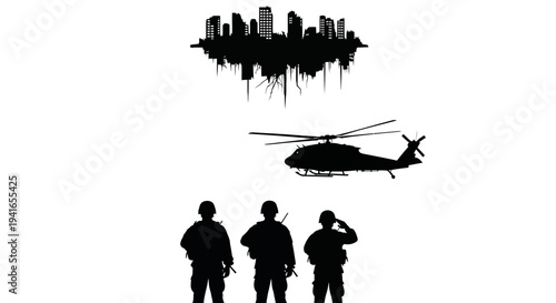 Silhouette Soldiers and Helicopter Over Destroyed Cityscape