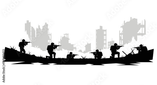 Silhouette Soldiers in Ruined Cityscape, War Zone, Military Operation, Post-Apocalyptic Scene