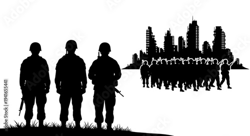 Silhouette Soldiers Guarding Ruined Cityscape, Post-Apocalyptic Scene, Military Concept
