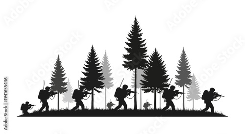 Silhouette Soldiers Marching Through Forest, Military Operation, Tactical Team