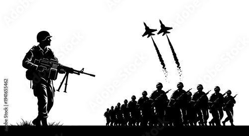 Silhouette Soldiers Marching with Fighter Jets Flying Overhead