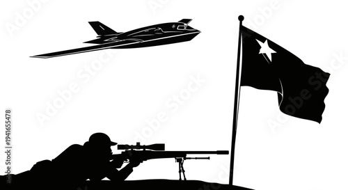 Sniper Aiming Rifle Near Flag and Stealth Aircraft Silhouette