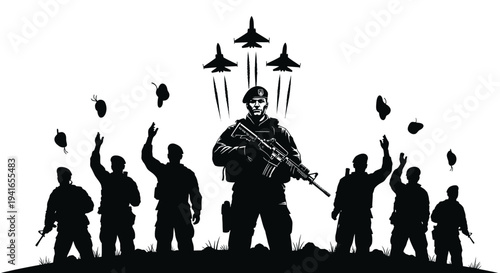 Silhouette Soldiers Salute Fighter Jets in Dramatic Military Display