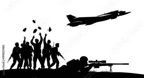 Silhouette Soldiers Throwing Grenades Under Fighter Jet, Sniper Aiming