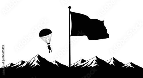 Skydiver Parachuting Near Black Flag on Mountain Peak