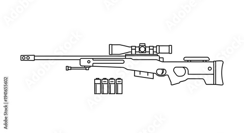 Sniper Rifle with Scope and Ammunition Clip - Line Art Illustration