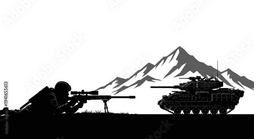 Sniper Soldier Aiming at Tank Silhouette with Mountains Background