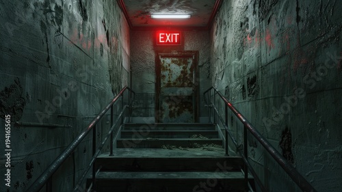 Dark and Grungy Stairwell with Red Exit Sign in an Abandoned Building.