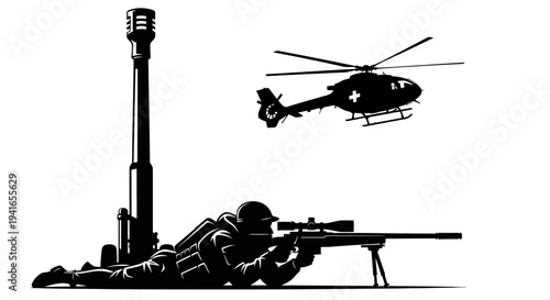 Sniper Soldier Aiming Rifle Near Artillery Gun with Helicopter Flying Overhead