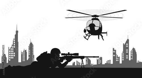 Sniper soldier aiming helicopter with sniper rifle on destroyed city background, military action scene