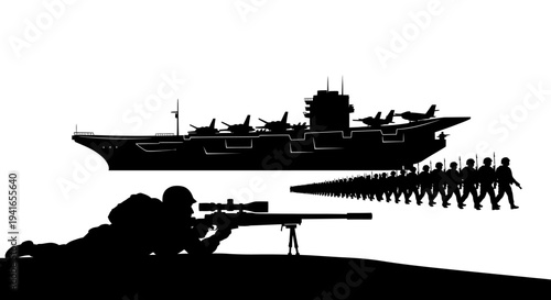 Sniper Soldier Aims at Aircraft Carrier with Marching Soldiers Silhouette