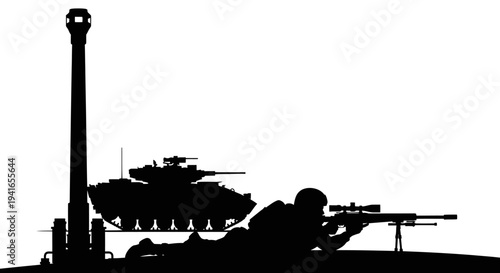 Sniper Soldier Aims Rifle Beside Tank Silhouette, Military Combat Scene