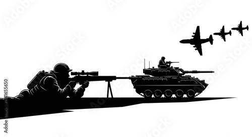 Sniper Soldier Aims Rifle Beside Tank, Fighter Jets Fly Overhead