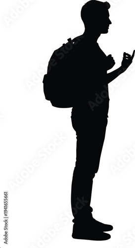 Side view silhouette of young male traveler with backpack showing hand gesture isolated on white background minimal vector illustration design