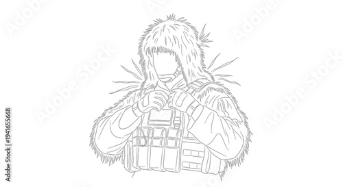 Sniper Soldier in Ghillie Suit, Camouflage, Tactical Gear, Military, Outline Art