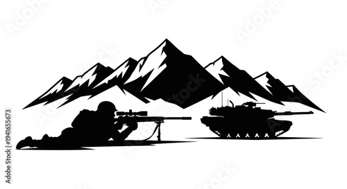 Sniper Soldier and Tank Silhouette in Mountains