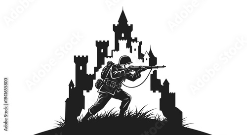 Soldier Defending Castle Silhouette, War and Fantasy Concept