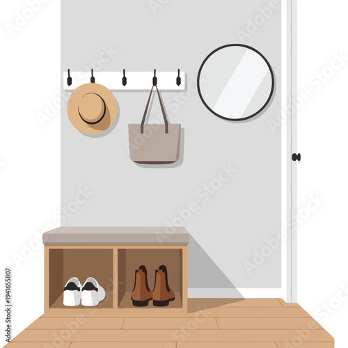 Illustration of a modern entryway with a shoe storage bench, hanging hat and bag, and round mirror on a light gray wall.