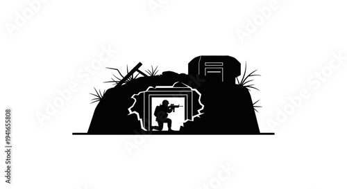 Soldier in Bunker Silhouette, Military Trench Warfare, Defensive Position, Armed Combatant