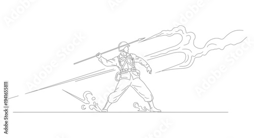 Soldier Firing Flamethrower, Military Combat, Wartime Action, Historical Warfare