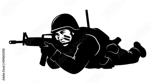 Soldier in camouflage aiming rifle, tactical military action, combat readiness