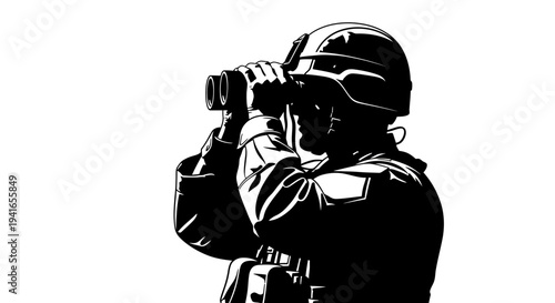 Soldier in helmet looking through binoculars, silhouette against white background, surveillance concept