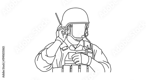 Soldier in helmet with radio headset, tactical gear, communication, military operations