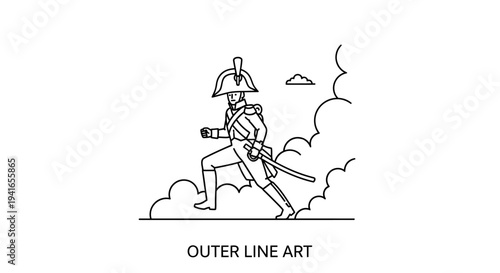 Soldier in historical uniform running through smoke, line art illustration