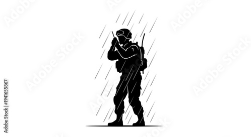 Soldier in Rain with Radio, Silhouette, Military Operation, Communication, Weather