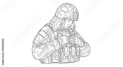 Soldier in tactical gear adjusting equipment, military action, protective helmet, combat vest