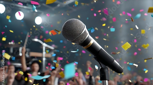 Microphone on Stage with Colorful Confetti and Excited Audience