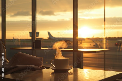 Steaming coffee cup at airport lounge with airplane and sunset view.