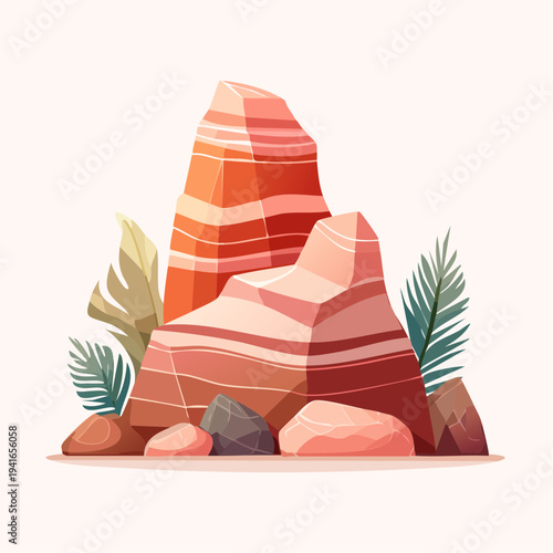 Illustration of large orange rocks with small clouds in the background