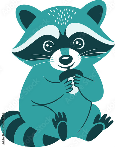Adorable teal raccoon cheerfully holding and enjoying a tasty mushroom snack