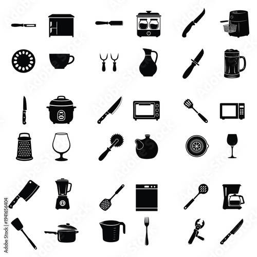 Black silhouette icons of kitchen utensils and appliances for cooking and food preparation.
