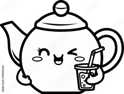 Cheerful teapot with a straw and cup, enjoying a drink