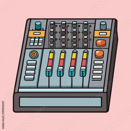 Detailed Cartoon Audio Mixing Board with Sliders, Knobs, and Buttons Design