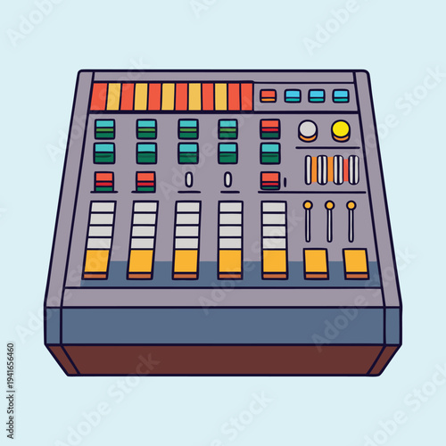 Retro cartoon illustration of a mixing console for audio engineering and music production