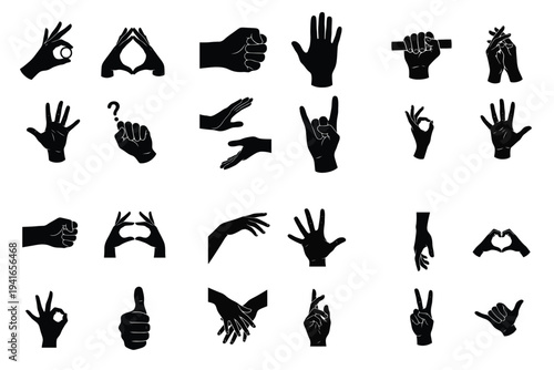 Collection of black silhouette hand gestures and nonverbal communication signs